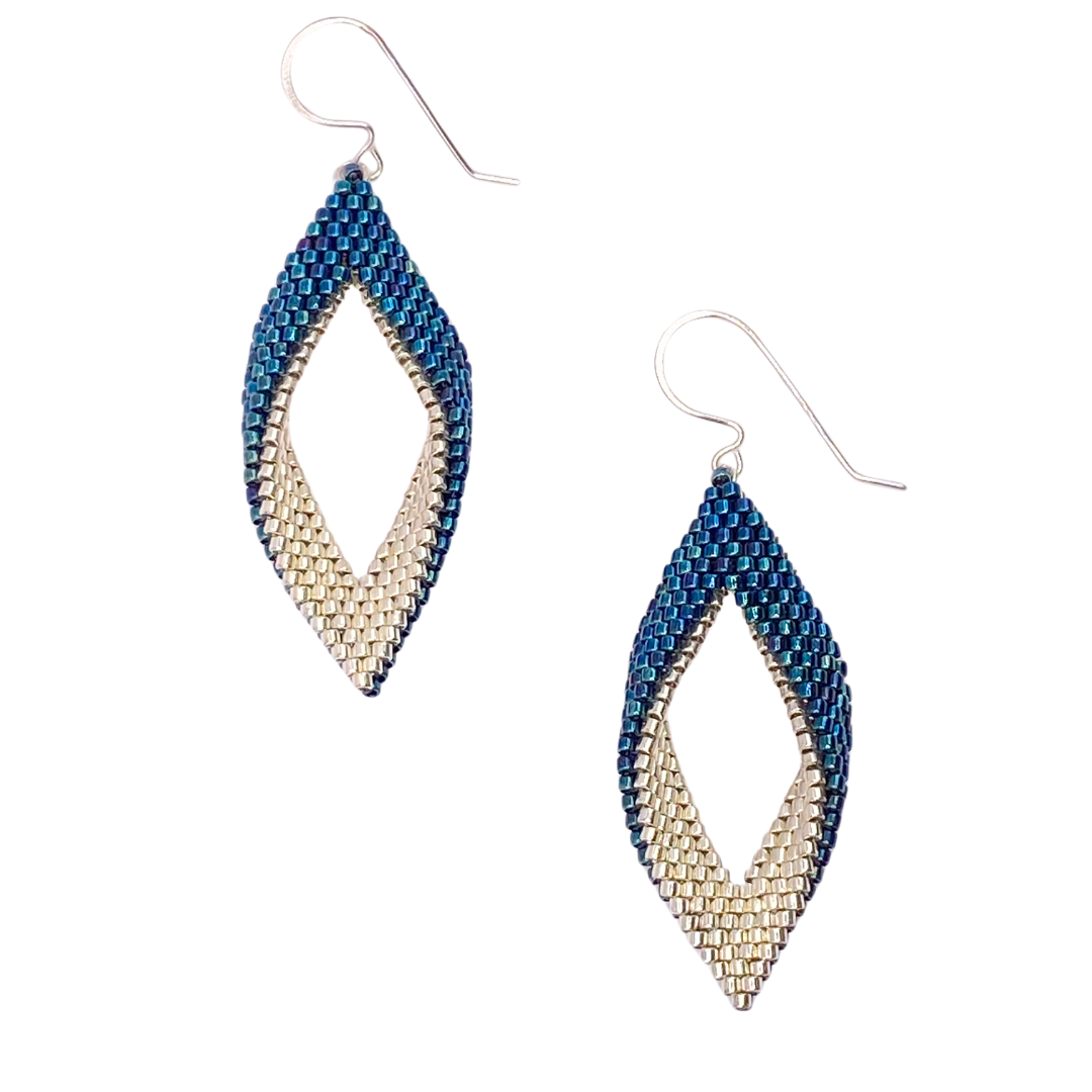 Peacock Blue and Silver Folded Peyote Stitch Earrings