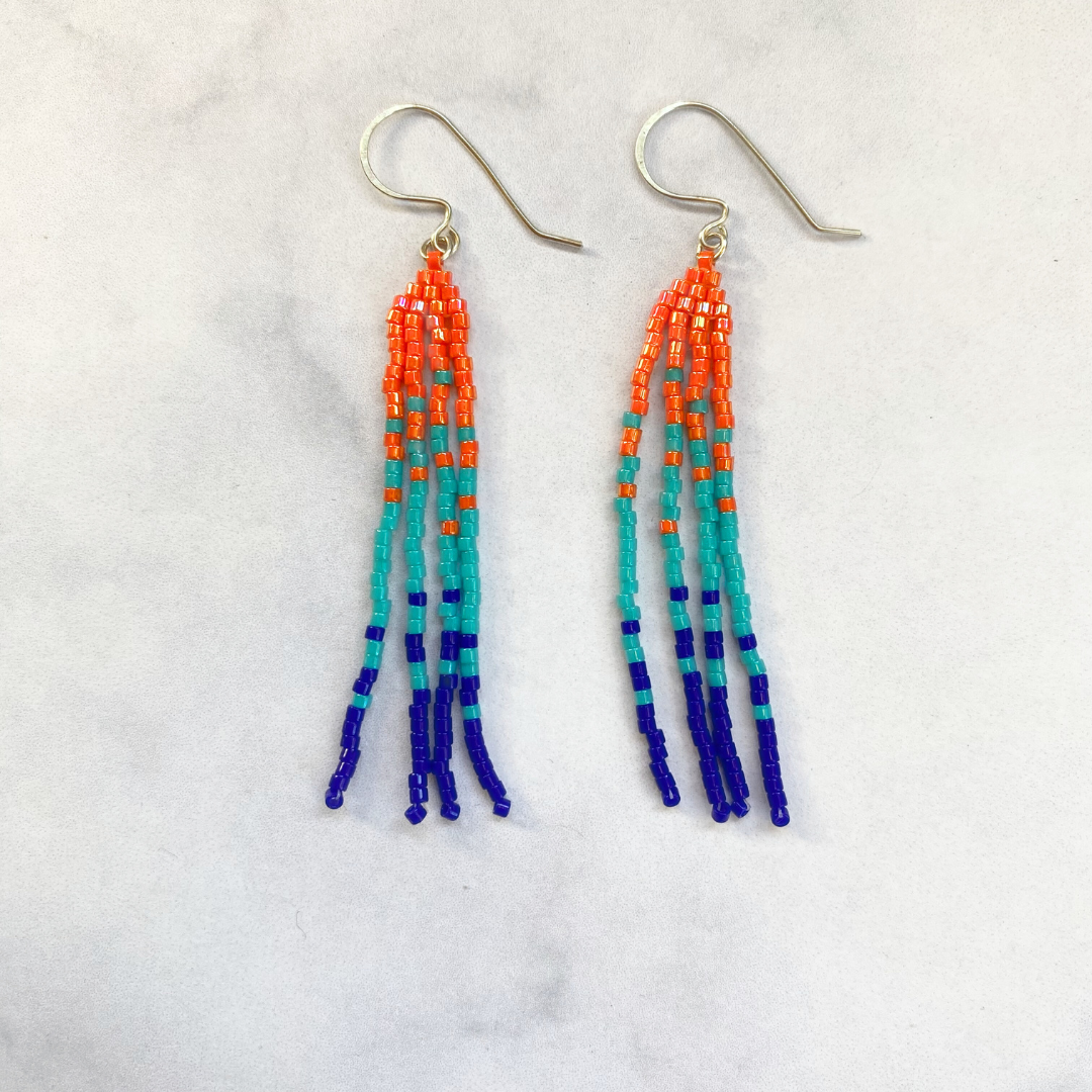 Orange/Teal/Blue Small Fringe Earrings
