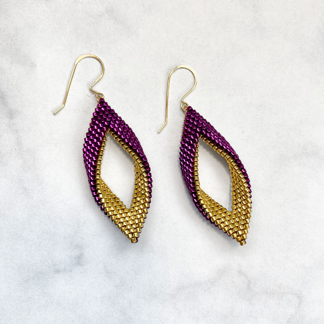 Raspberry and Gold Folded Peyote Stitch Earrings