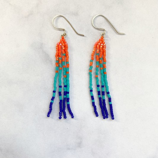 Orange/Teal/Blue Small Fringe Earrings
