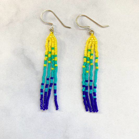 Yellow/Teal/Blue Small Fringe Earrings