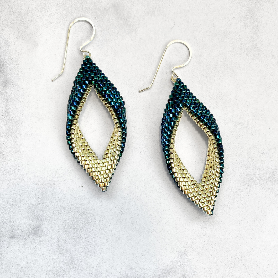 Peacock Blue and Silver Folded Peyote Stitch Earrings